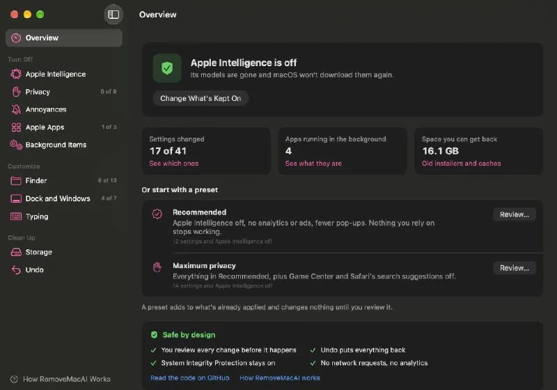 حذف کامل Apple Intelligence و آزادسازی ۳۰ گیگابایت حافظه در مک