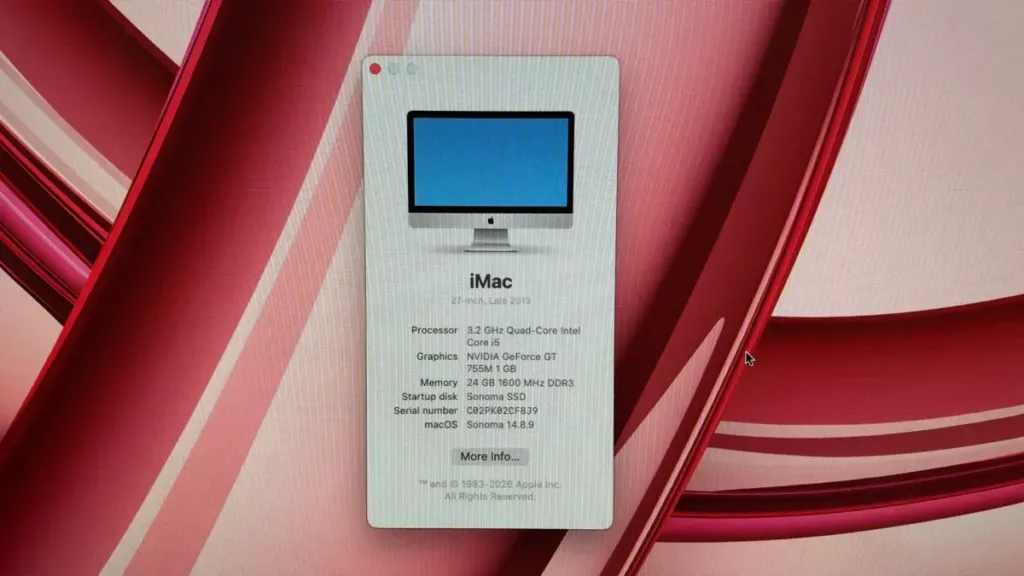 آی‌مک سال ۲۰۱۳ اکنون ۲۴ گیگابایت رم دارد و به سیستم‌عامل macOS Sonoma مجهز شده است